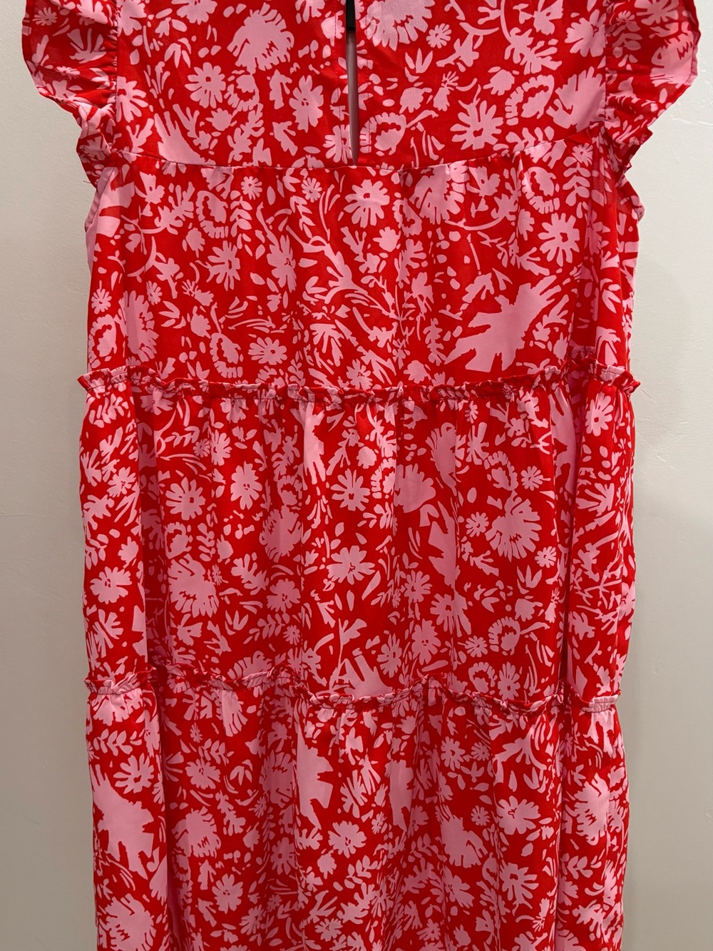 Red and Pink Floral Tiered Dress
